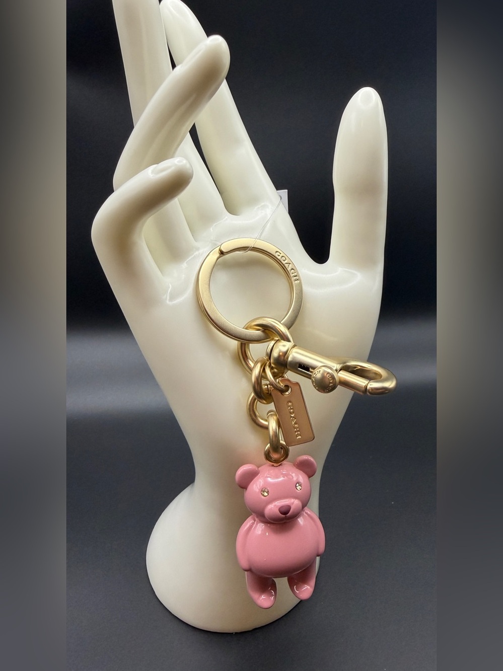 Coach Pink Bear Charm Key Ring with Gold Hardware